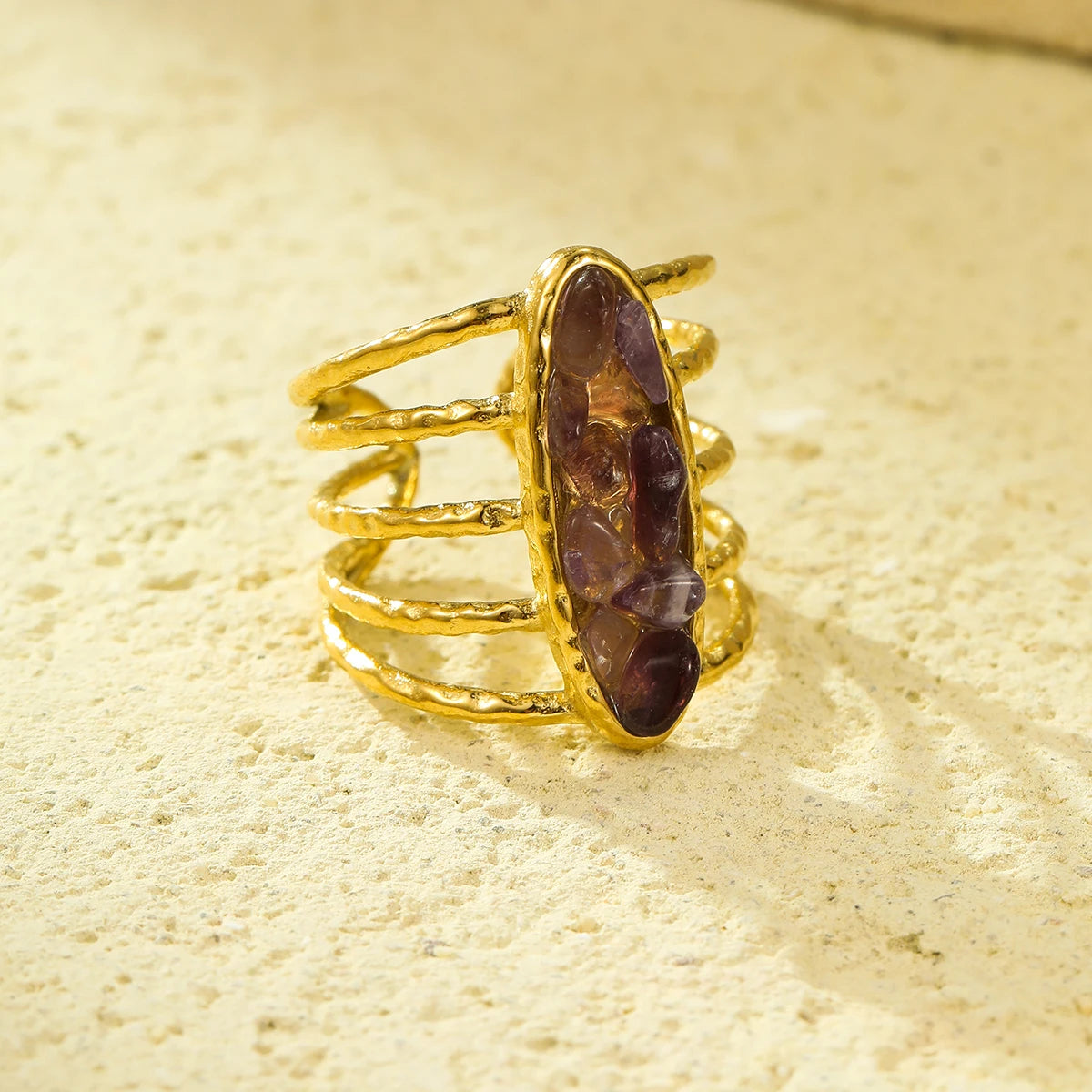 Natural Gemstones Gold Plated Open Boho Ring