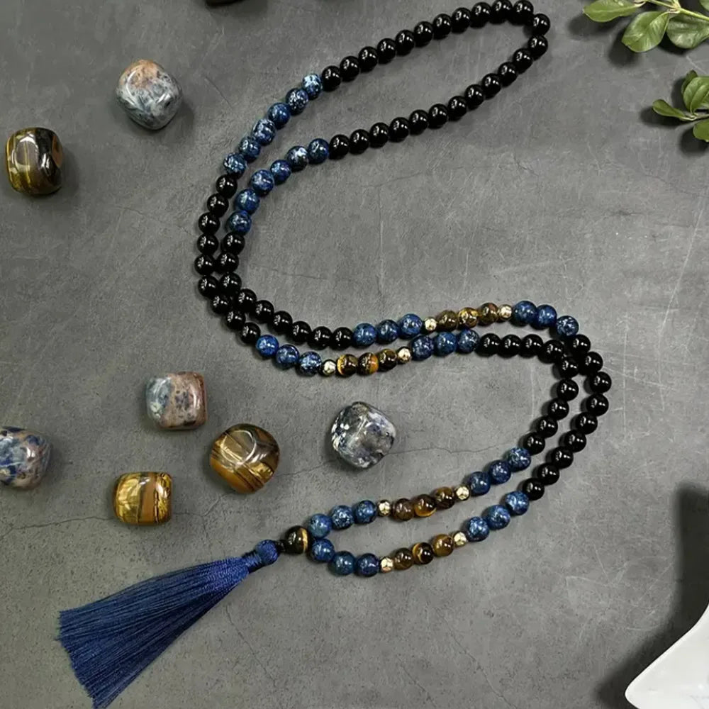 Natural Obsidian, Ocean Jasper and Tiger's Eye 108 Beads Mala Necklace