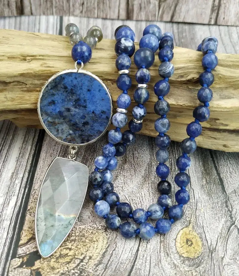 Natural Labradorite, Clear Quartz & Lapis Lazuli Boho Necklace