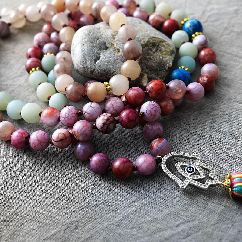 Natural Agate, Jasper & Amazonite 108 Beads Hamsa Hand Mala Necklace