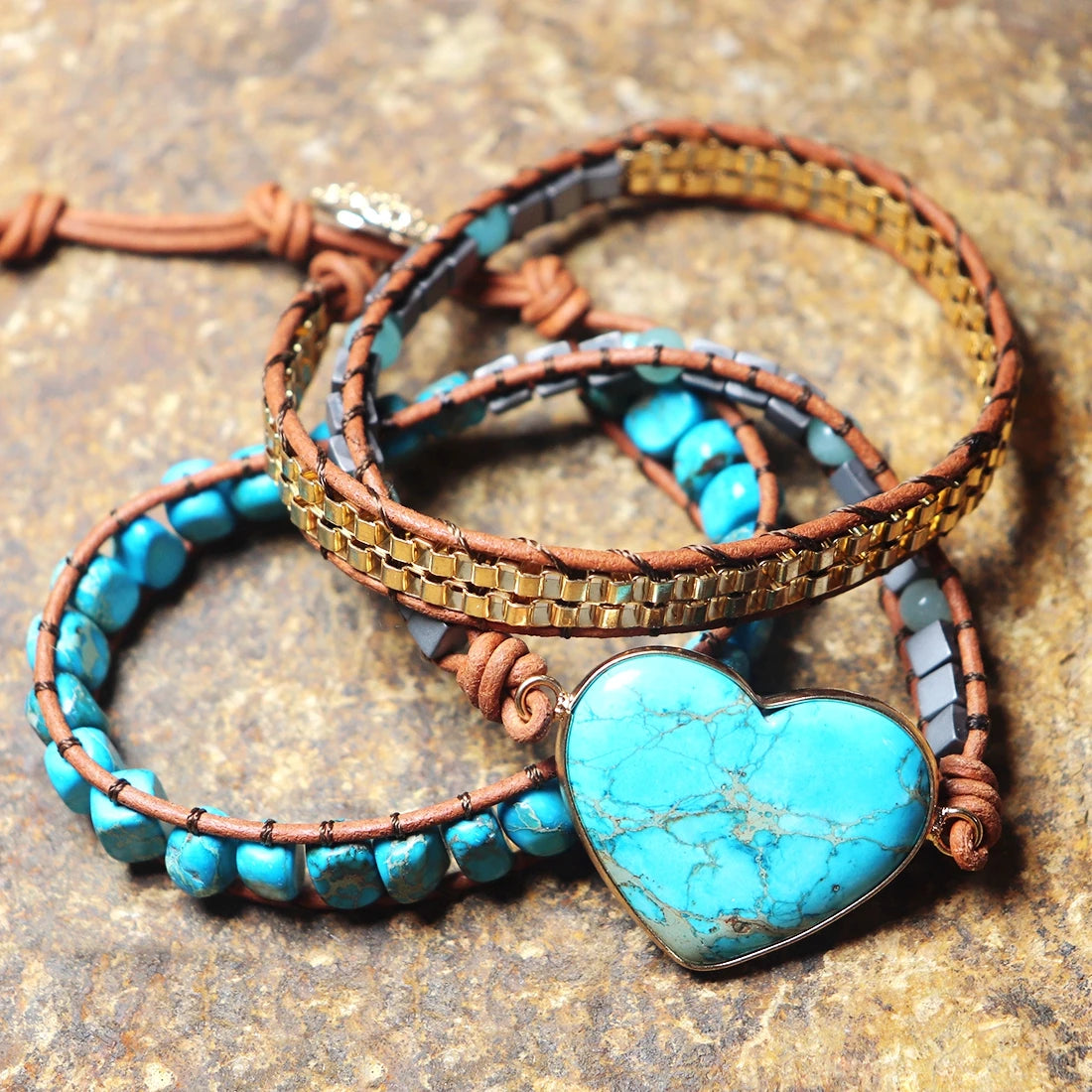 Natural Jasper Turquoise Heart Leather Wrap Bracelet