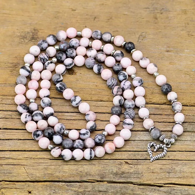 Natural Pink Zebra Stone 108 Beads Mala Necklace Wrap Bracelet