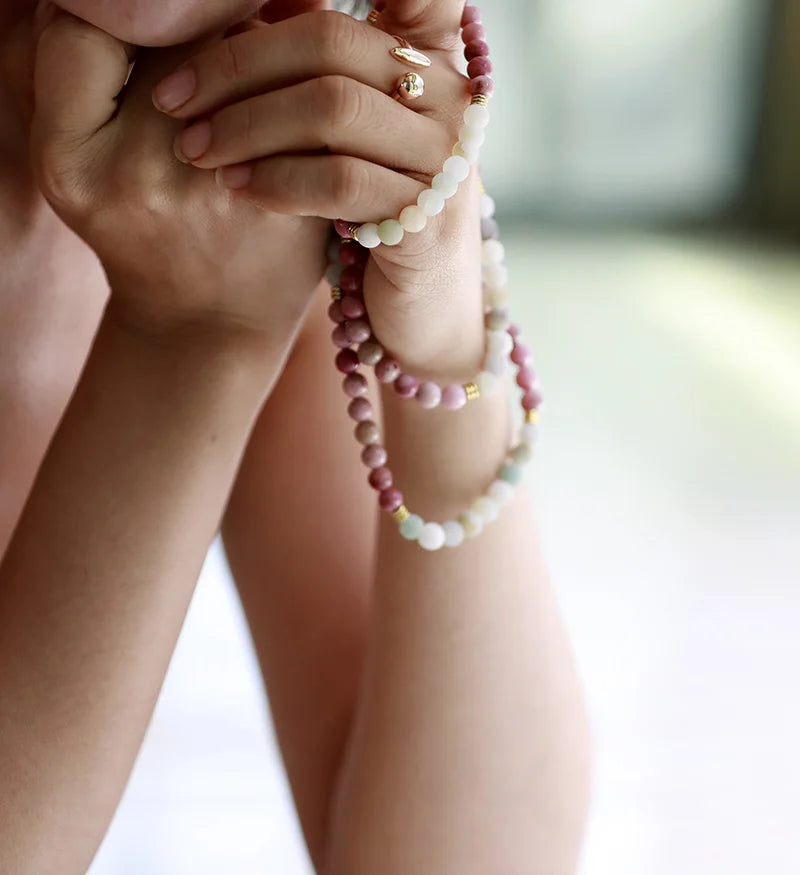 Natural Amazonite & Rhodonite 108 Beads Lotus Mala