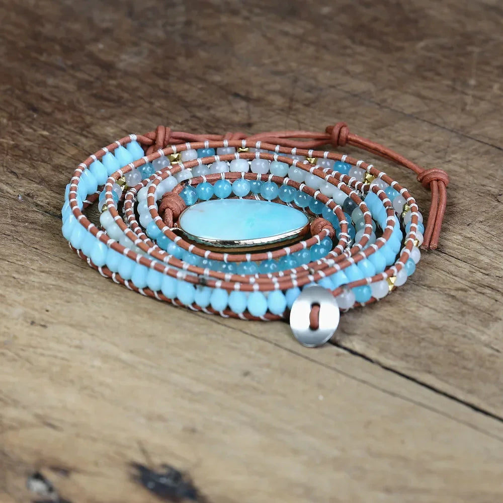 Natural Amazonite Leather Wrap Bracelet