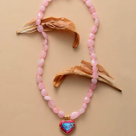 Natural Rose Quartz Beads & Imperial Jasper Heart Pendant Choker Necklace