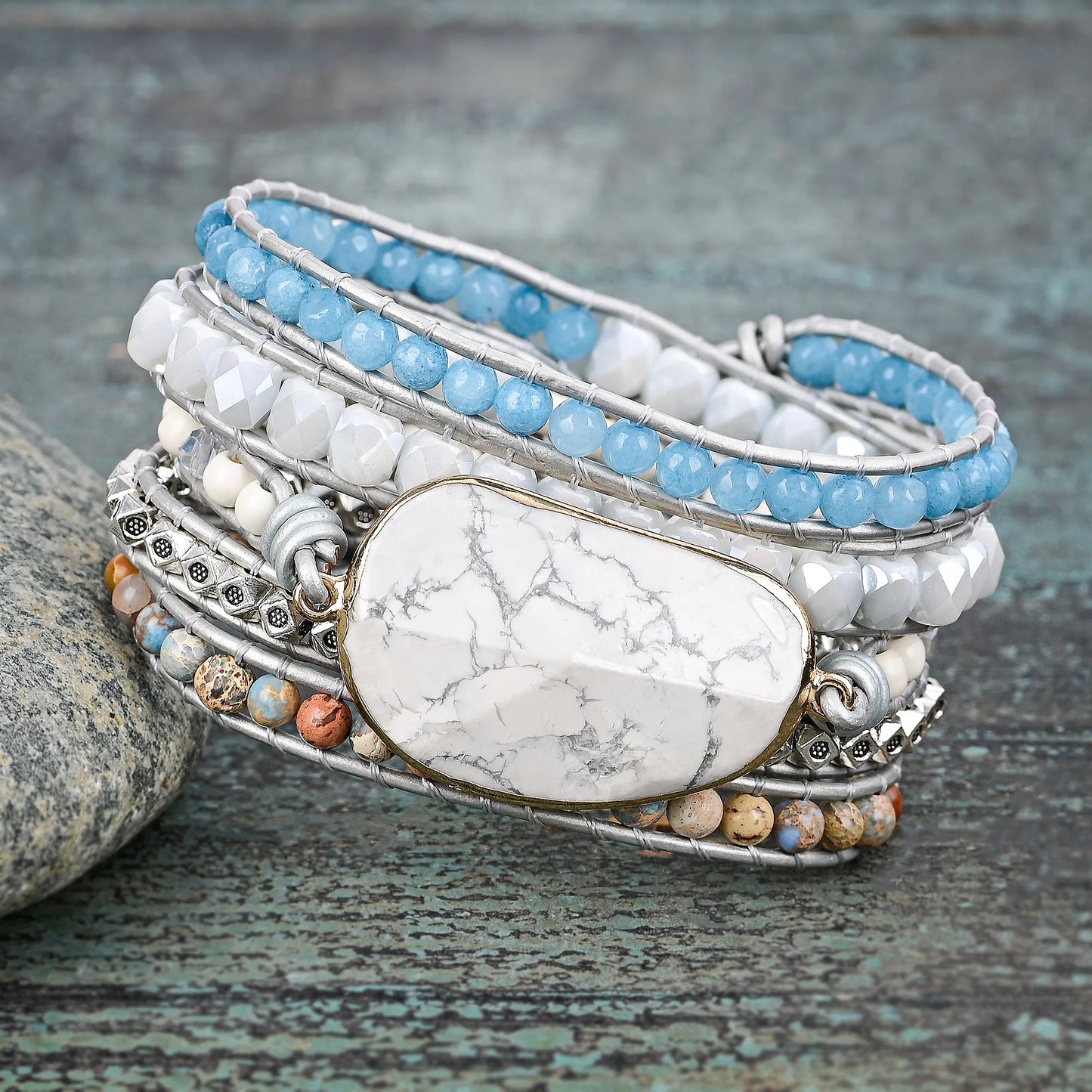 Natural Imperial Jasper, Malay Jade & Jade Vegan Leather Wrap Bracelet