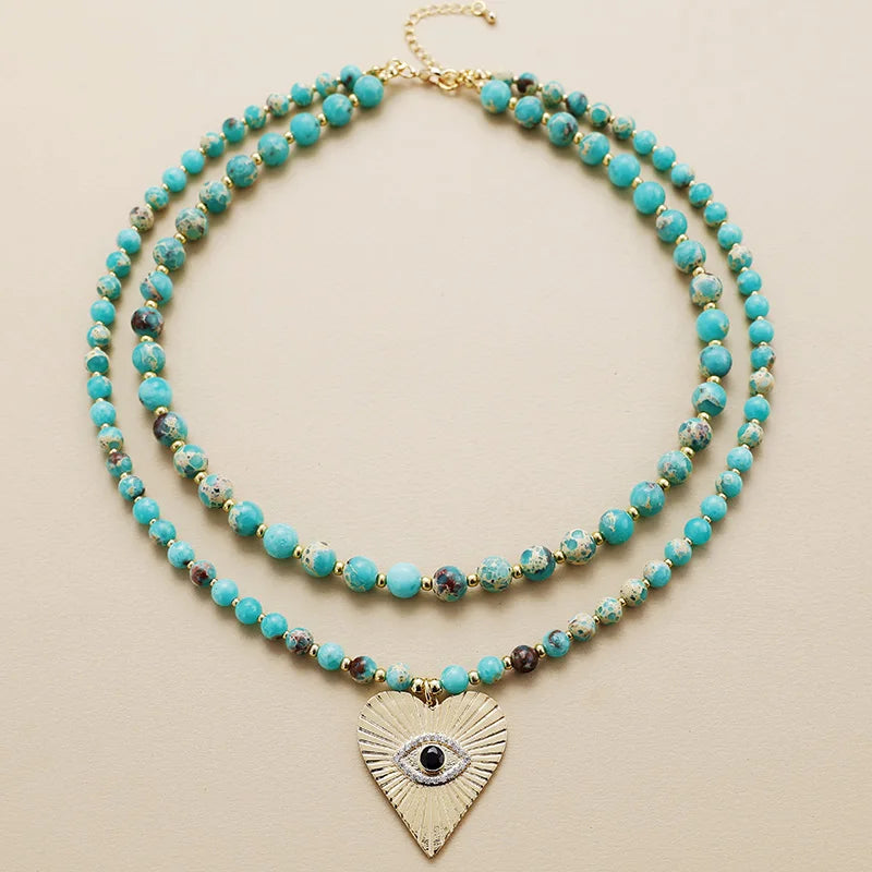 Natural Imperial Jasper Evil Eye Heart Pendant Multi Layered Necklace