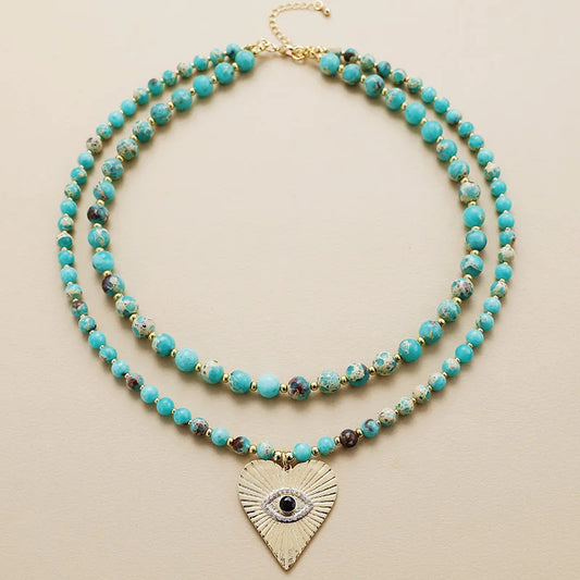 Natural Imperial Jasper Evil Eye Heart Pendant Multi Layered Necklace