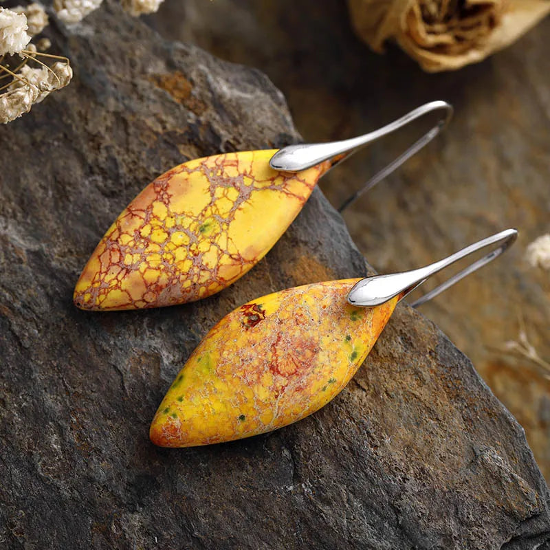 Natural Yellow Imperial Jasper Leaf Earrings