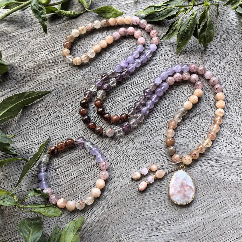 Natural Lodolite, Garnet, Sunstone, Amethyst & Pink Onyx Pendant 108 Beads Mala Set