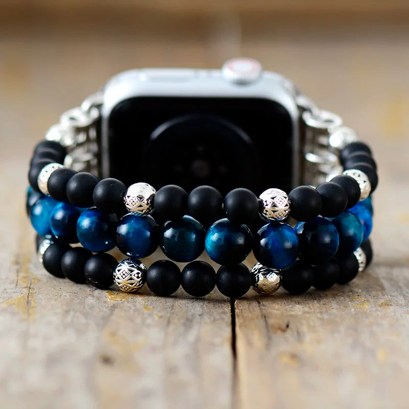Natural Black Onyx & Blue Tiger Eye Apple Watch Band