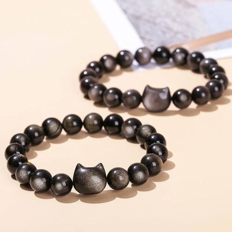 Natural Gold / Silver Sheen Obsidian Cat Bracelet
