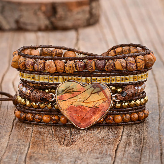Natural Picasso Jasper Heart Vegan Wrap Bracelet