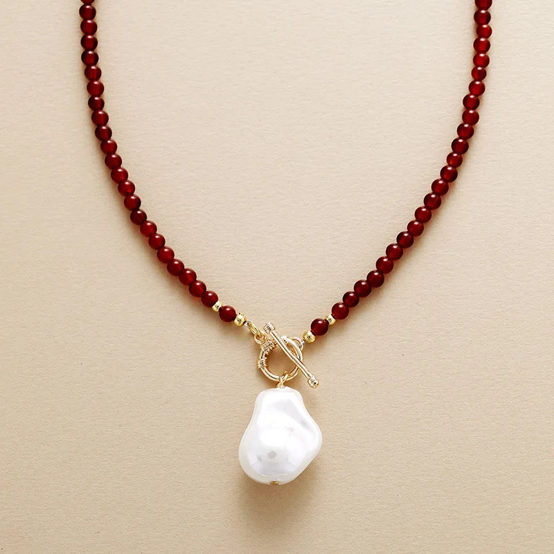 Natural Red Agate & Freshwater Pearl Lariat Necklace