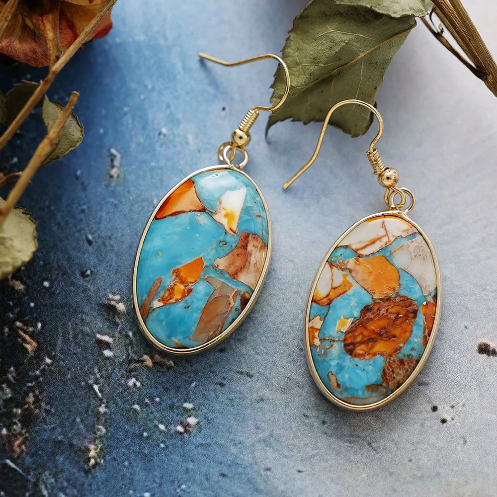 Natural Ocean Jasper Gold Plated Oval Earrings