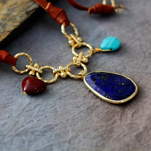 Load image into Gallery viewer, Natural Lapis Lazuli, Turquoise &amp; Jasper Leather Necklace
