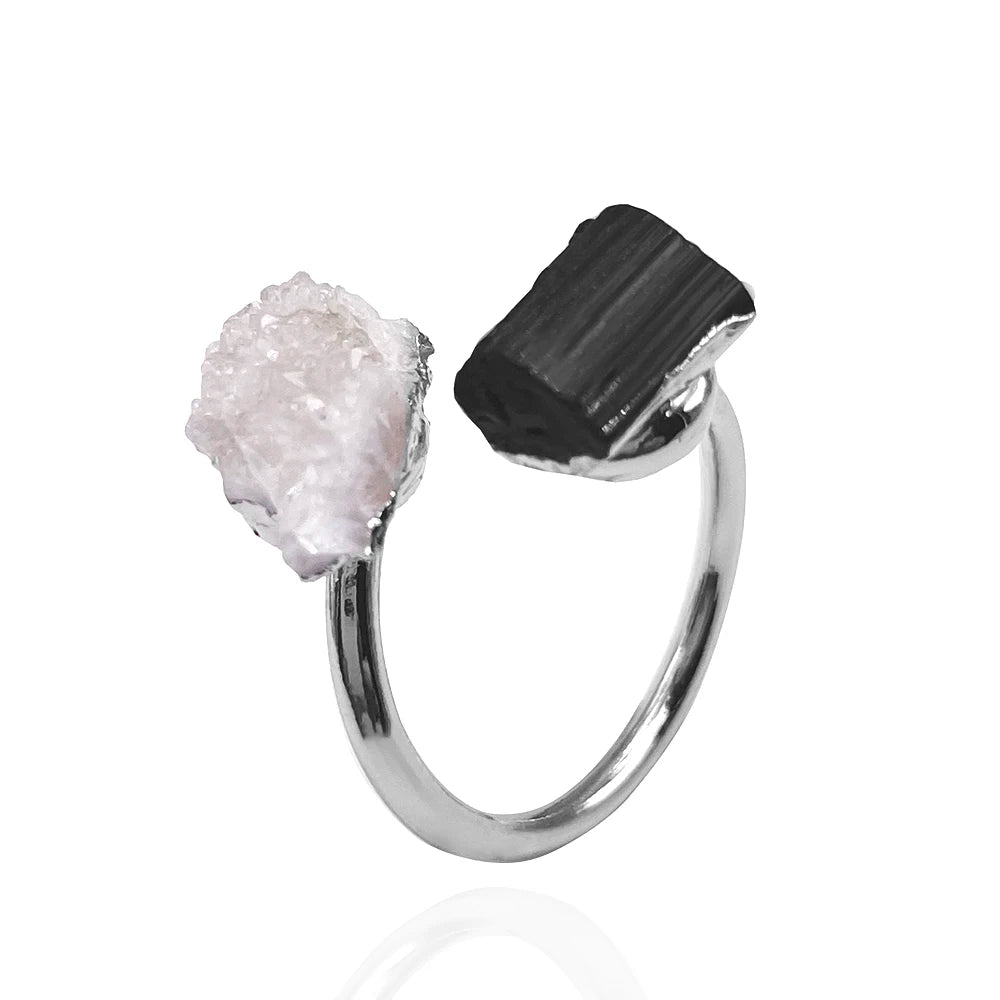 Natural Black Tourmaline & Clear Quartz Open Adjustable Ring