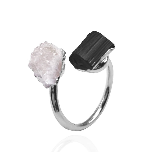 Natural Black Tourmaline & Clear Quartz Open Adjustable Ring