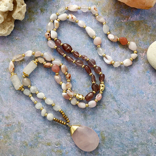 Natural Strawberry Quartz, Agate & Rose Quartz Necklace