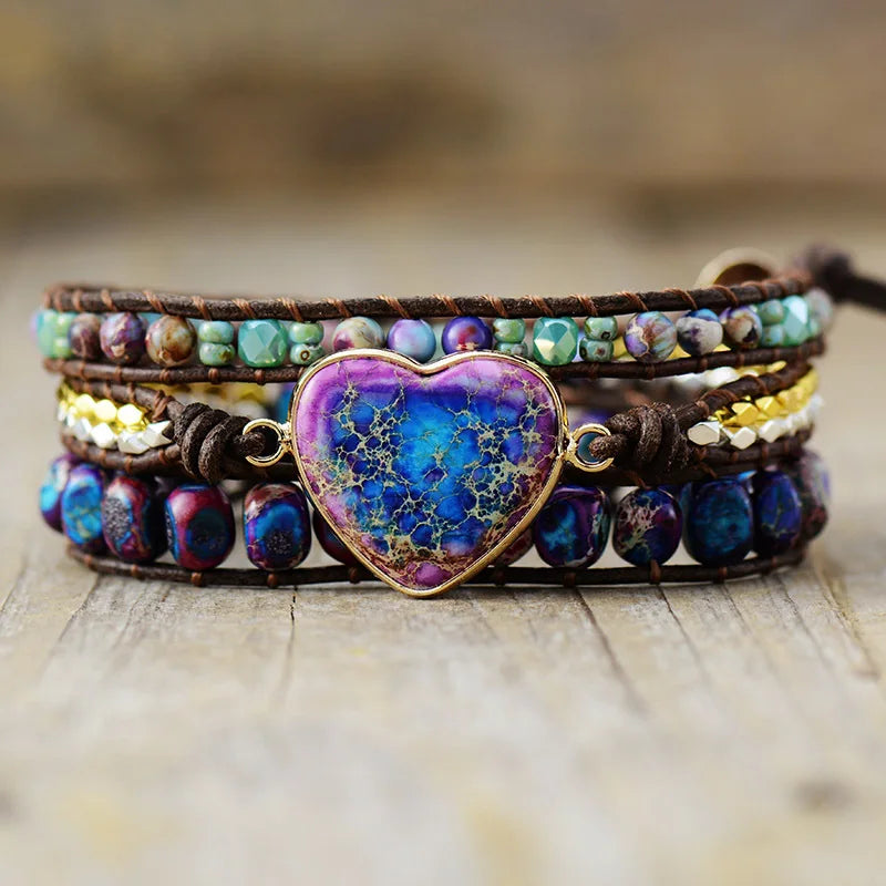 Natural Imperial Jasper Heart  Leather Wrap Bracelet