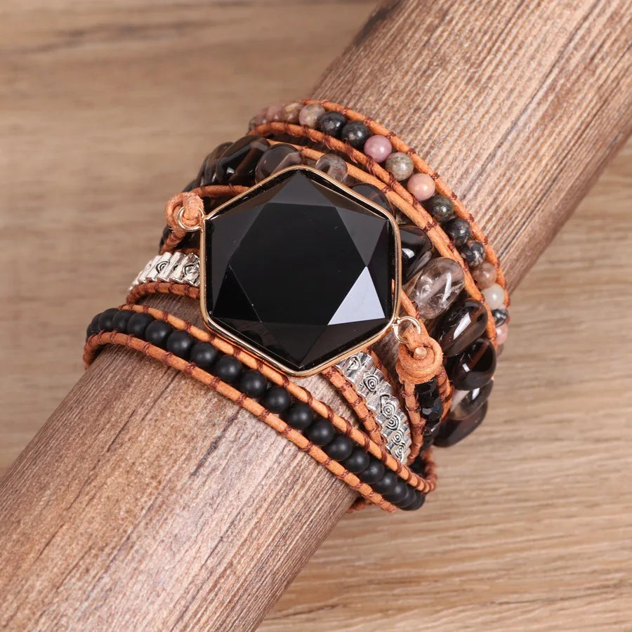 Natural Obsidian Hexagon Wrap Bracelet