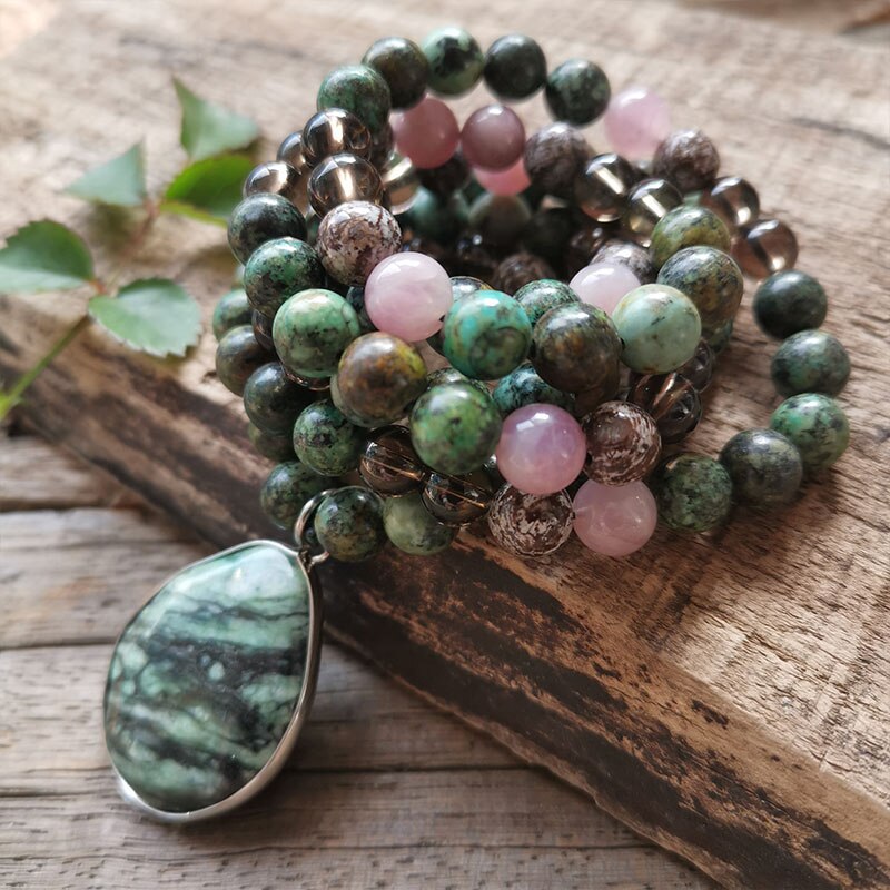 Natural African Turquoise, Smokey Quartz, Pietersite & Rose Quartz 108 Beads Mala Necklace / Bracelet