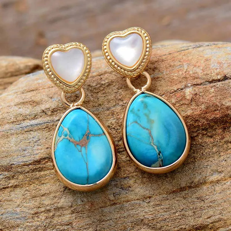 Natural Turquoise & Shell Heart Earrings