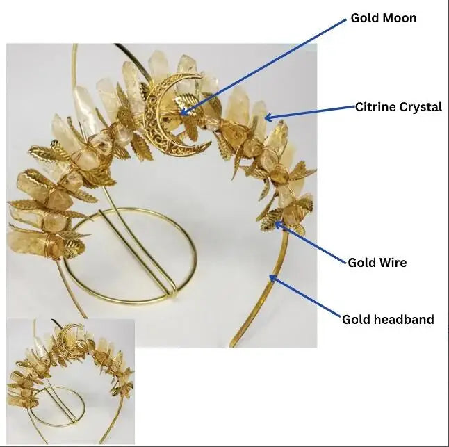 Natural Smokey Quartz / Citrine Gold Plated High Priestess Moon Tiara Crown