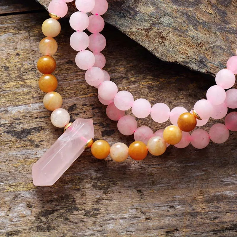 Natural Rose Quartz & Jade 108 Beads Mala Hexagonal Pendant Necklace Bracelet