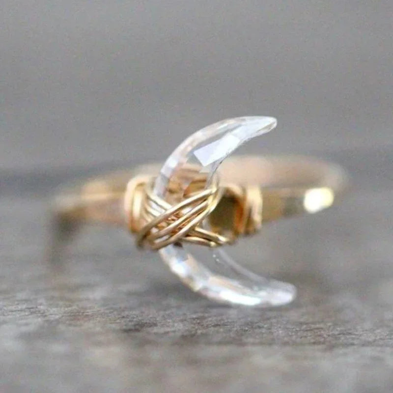 Boho Style Crystal Crescent Moon Ring