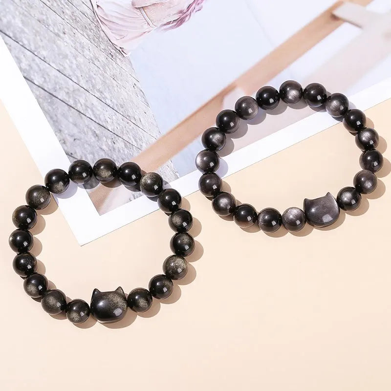 Natural Gold / Silver Sheen Obsidian Cat Bracelet