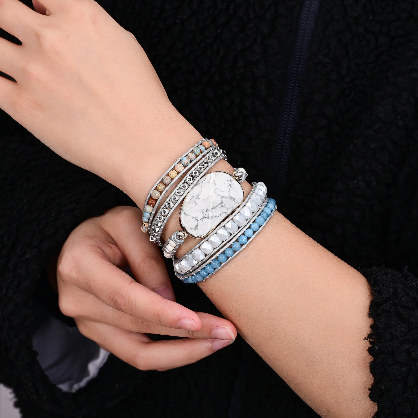 Natural Imperial Jasper, Malay Jade & Jade Vegan Leather Wrap Bracelet