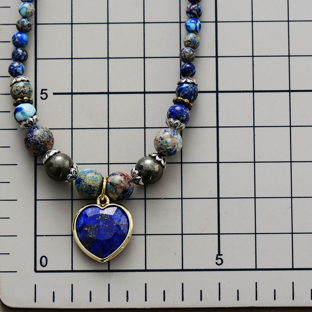 Natural Ocean Jasper & Lapis Lazuli Heart 108 Beads Mala Necklace / Bracelet