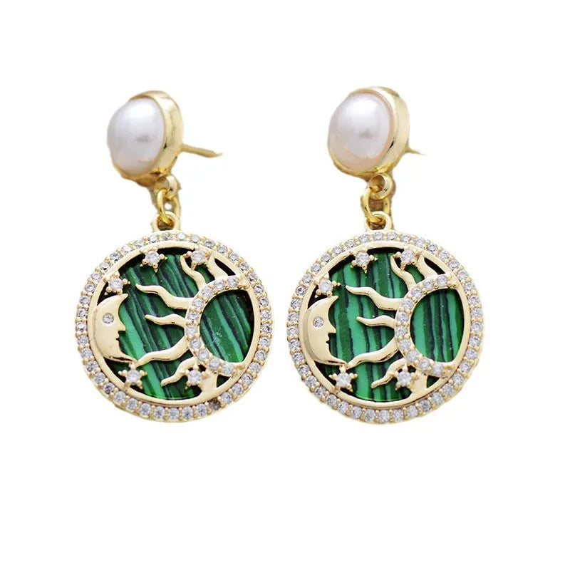 Natural Malachite Gold Plated Sun & Moon Earrings