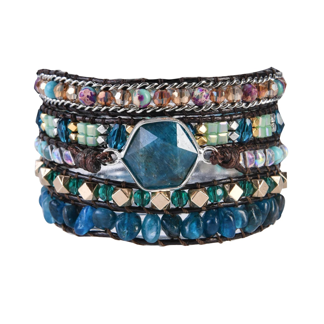 Natural Apatite & Mixed Jasper Hexagonal Charm Vegan Wrap Bracelet
