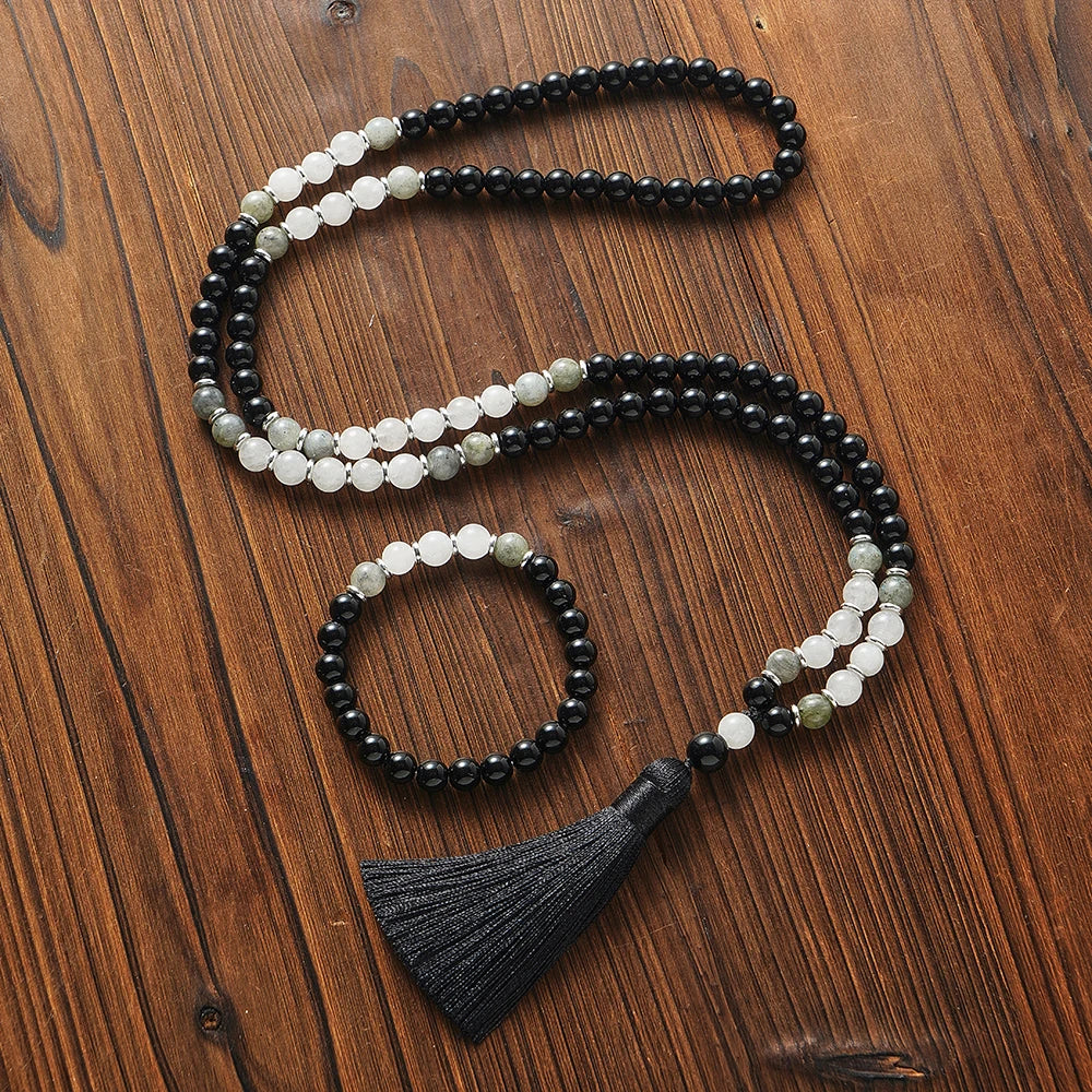 Natural Black Onyx, Labradorite & White Quartz 108 Beads Mala Set