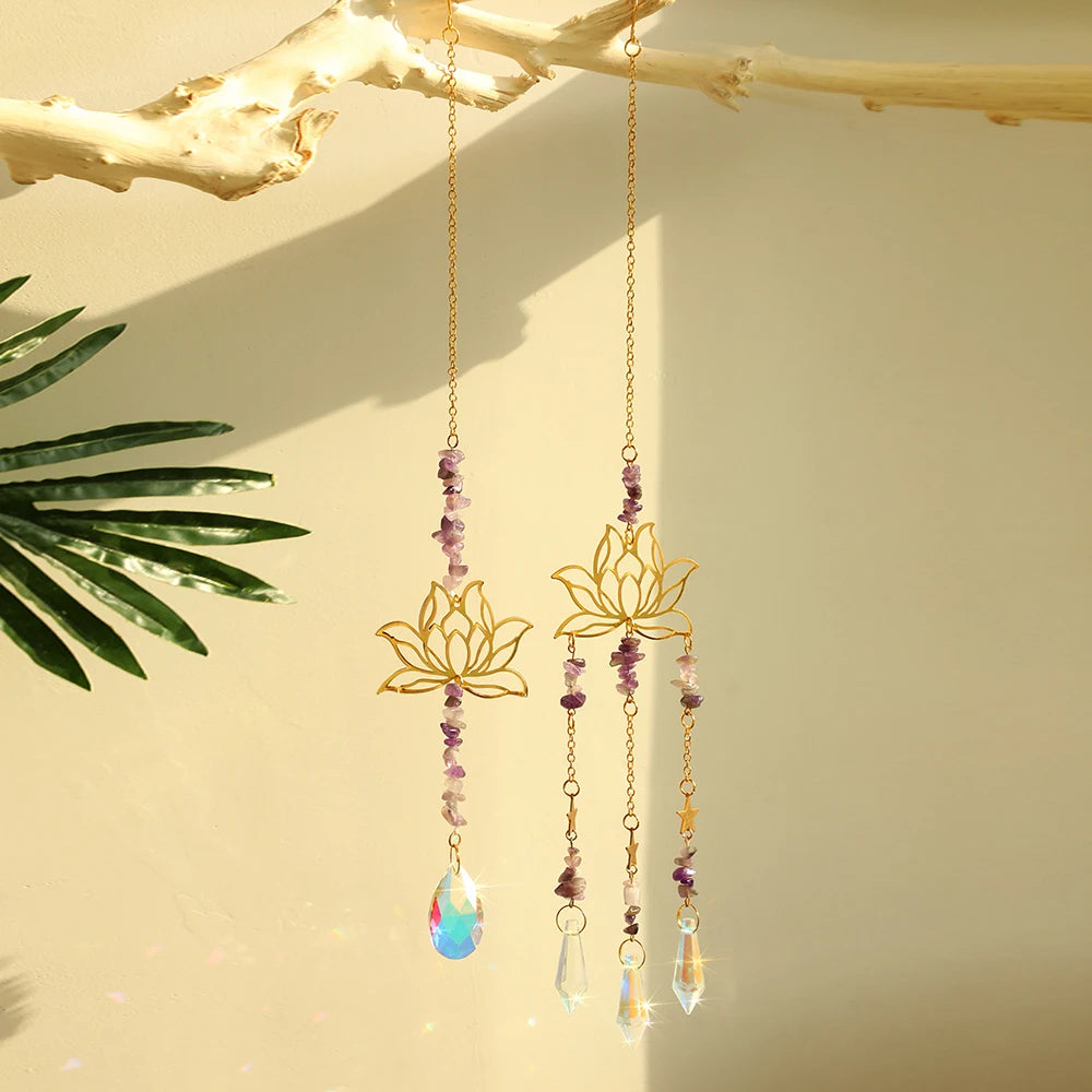 Natural Amethyst & Crystal Glass Lotus Suncatcher Set