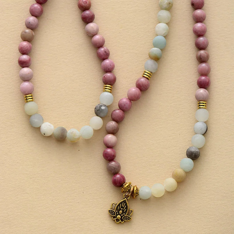 Natural Amazonite & Rhodonite 108 Beads Lotus Mala