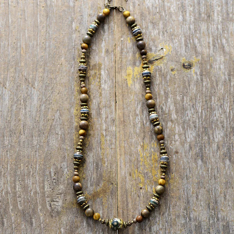 Natural Green Sandalwood & Dzi Beads Choker Necklace