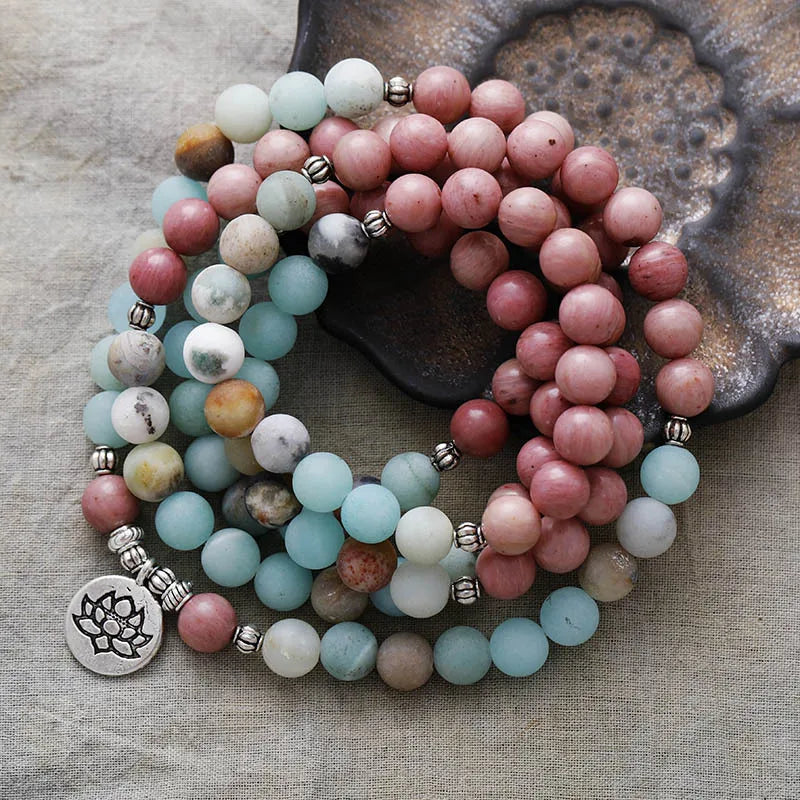 Natural Amazonite & Rhodonite 108 Beads Mala