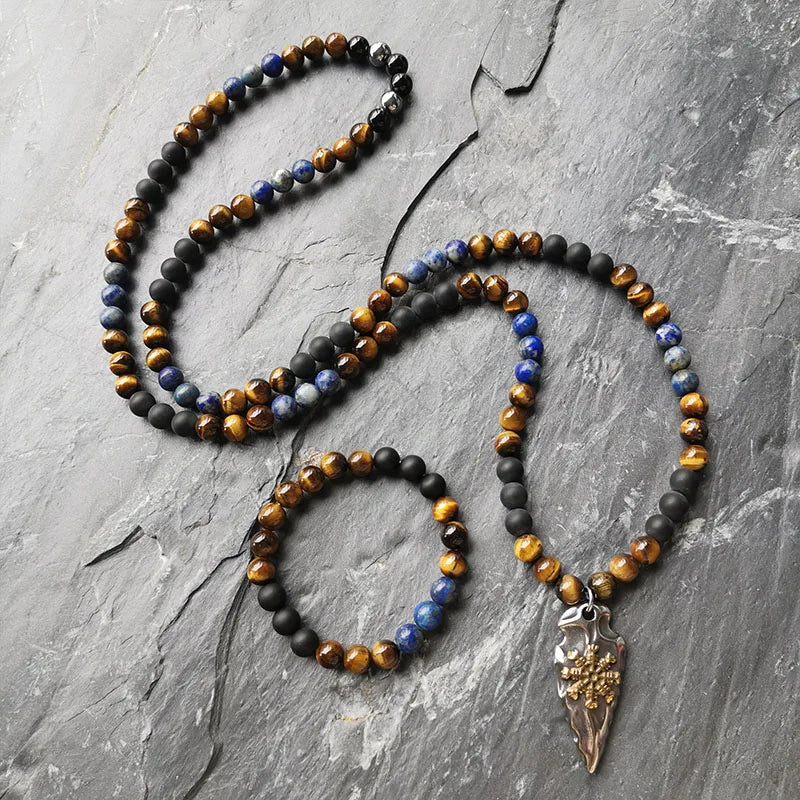 Natural Lapis Lazuli,Tiger's Eye, Onyx & Terahertz 108 Beads Mala Necklace / Bracelet