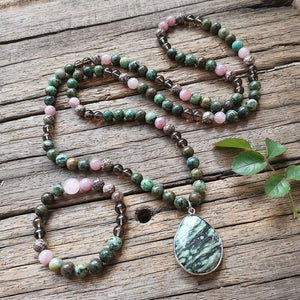 Natural African Turquoise, Smokey Quartz, Pietersite & Rose Quartz 108 Beads Mala Necklace / Bracelet