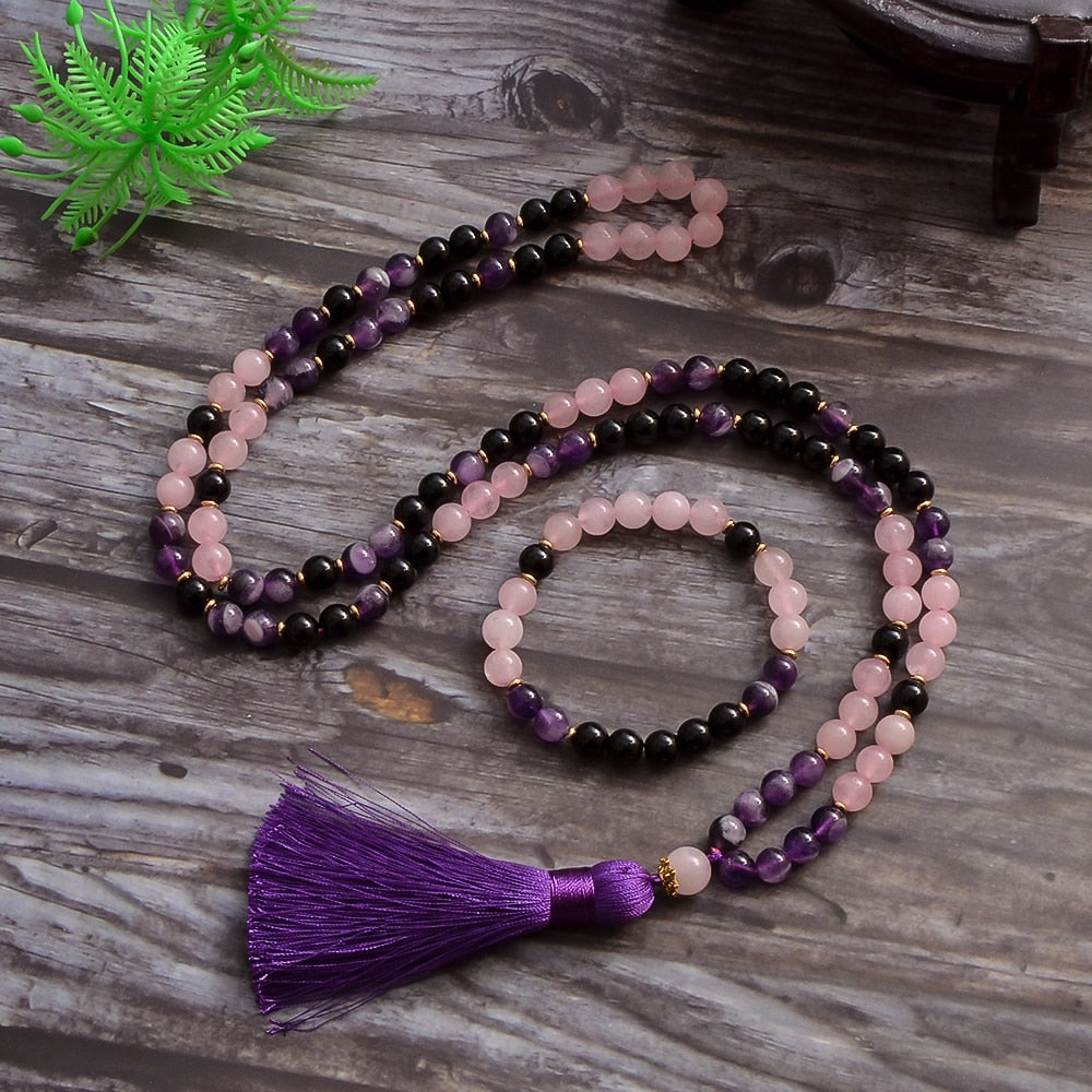 Natural Amethyst, Black Onyx & Rose Quartz 108 Beads Mala Necklace / Bracelet