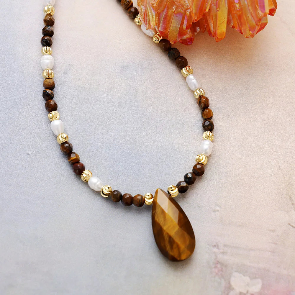 Natural Tiger's Eye & Freshwater Pearls Choker Necklace