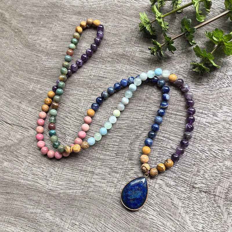 Natural Amethyst, Aquamarine, Indian Agate, Picture Jasper, Rhodonite & Sodalite 108 Beads Mala Set