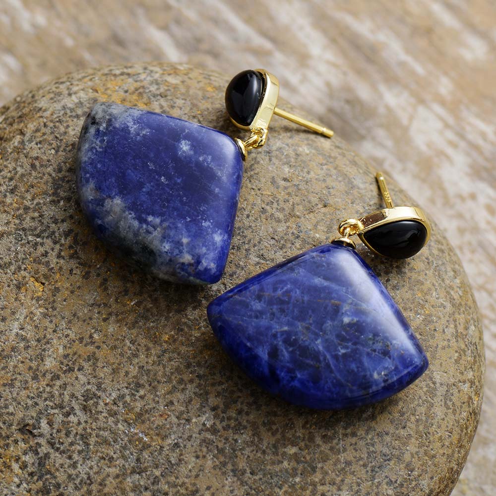 Natural Green Quartz / Sodalite Fan-shaped Earrings