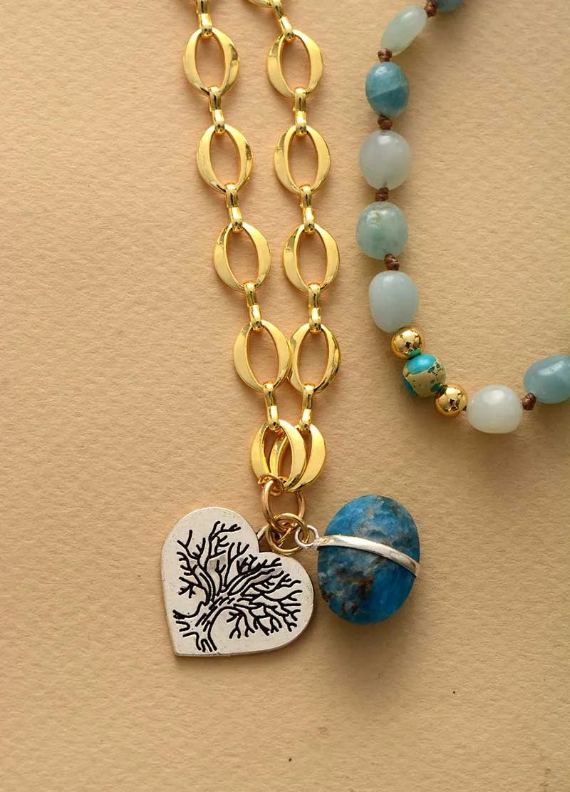 Natural Amazonite & Apatite Pendant Gold Plated Chain Tree of Life Necklace