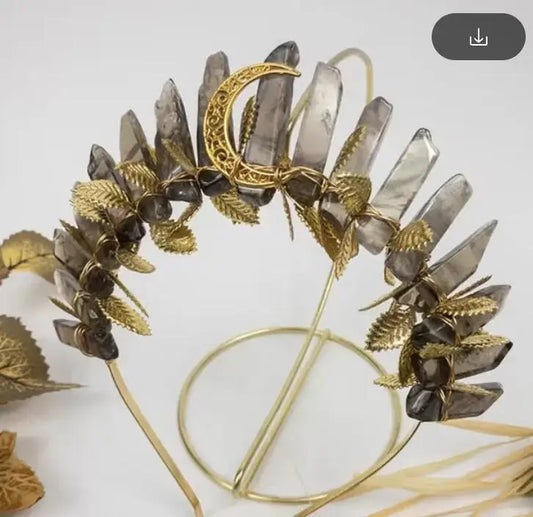 Natural Smokey Quartz / Citrine Gold Plated High Priestess Moon Tiara Crown