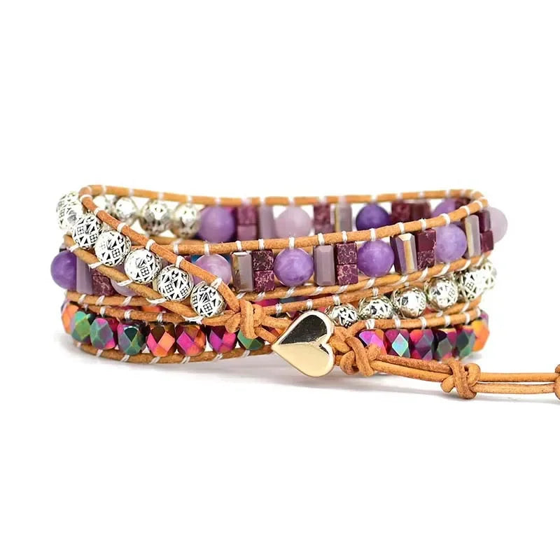 Natural Kunzite, Amethyst & Purple Jasper Leather Wrap Bracelet