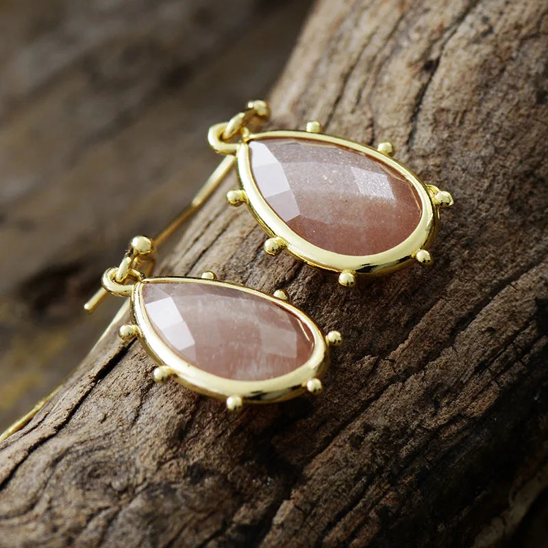 Natural Sunstone Gold Plated Earrings